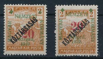 Szeged 1919 Arató/Köztársaság 20f/2f 2 db bélyeg, a "20" szám egyiken nagyobb, vastagabb, másikon kisebb, vékonyabb, Bodor vizsgálójellel