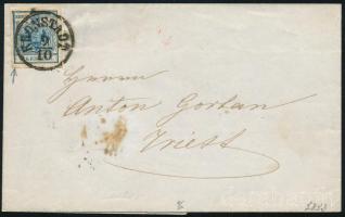 1853 9kr HP III a, látványos ívszéli nyomat lemezhibával levélen "KRONSTADT"