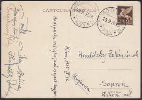 1935 A római hadipuska világbajnokság dekoratív képeslapja megfelelő alkalmi bélyegzéssel, a magyar hadipuska világbajnok csapat tagjainak eredeti aláírásával / Military gun world championship postcard with special cancellation and autograph signatures of the members of the world champion Hungarian team