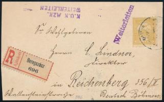 1916 Cenzúrázott ajánlott levél előlapja Turul 2f bérmentesítéssel, kétféle \"WEITERLEITEN\" bélyegzéssel