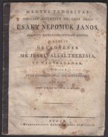 Menyai tudósítás mellyet született ms. gróf néhai Csáky Nepomuk János (szepesi főispán) küldött felejthetetlen kedves s kegyes özvegyének ... halála után harmadnappal, Buda, Landerere Anna betüivel 1806. Hosszú verses költemény magyarul / Report that late count Janos Csaky, comes of Spis county has sent to her wife..., Printed in Buda 1806. 24p 17x23 cm