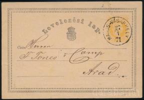 1871 2kr díjjegyes levelezőlap "MAROS-VÁSÁRHELY" - "ARAD / VÁROS"