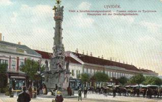 Újvidék Main square Trinity monument with the shop of Vilmos Schwartz, József Paquor and the Wagner brothers