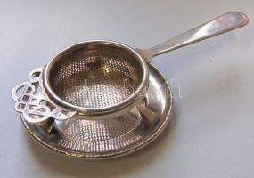 XIX. századi angol alpakka teaszűrő hozzávaló lecsöpögtető tálkával