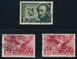 1940-1941 Kormányzói 20 éves évforduló 20f 2 db bélyeg ÉGRÁDY illetve FEREN tévnyomattal + Gróf Széchenyi István 10f fehér hasú holló lemezhibával