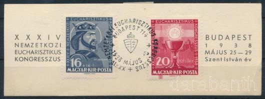 1938 Eucharisztikus pár kivágáson, a 20f értéken piros rákel csík