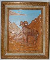 Muflont ábrázoló bőrből készült fali kép keretben 28x33 cm