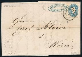 1863 15kr képbe fogazva, kék bélyegzős céges előérvénytelenítéssel teljes tartalmú levélen "DEBRECZIN" - Wien