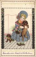 Girl, dogs litho