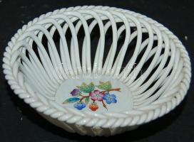 Kézzel festett Viktória-mintás áttört Herendi kosárka / Hand-painted Herend chinaware bonbonniere 5x12 cm