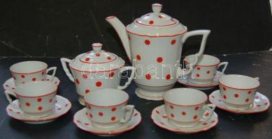 6 személyes komplett piros pöttyös Zsolnay porcelán kávéskészlet csésze, alj, kávés, tejes-kiöntő / Full 6 person Zsolnay chinaware coffe-set