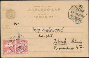 1913 5f díjjegyes levelezőlap 2 x Turul 10f kiegészítéssel levélként bérmentesítve ZÁGRÁB-ZAGREB bélyegzéssel Zürichbe
