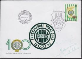 1999 100 éves az FTC boríték alkalmi bélyegzéssel, rajta az olimpiai bajnok Páncsics Miklós aláírásával
