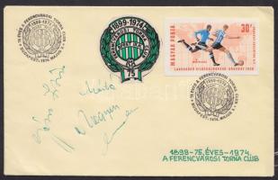 1974 75 éves az FTC boríték alkalmi bélyegzéssel, rajta Géczi, Máté, Megyesi aláírásával