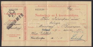 1907 MÁV I. osztályú szabadjegy / First class voucher