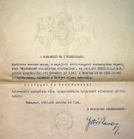 1943 Hadbiztos nyugállományba helyező díszes okirat, középcímer szárazpecséttel 27x43 cm