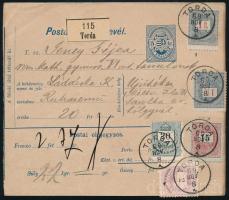 1889 Szállítólevél 22 kg súlyú csomagról 2,27Ft bérmentesítéssel, összesen 5 bélyeggel / Parcel card with 5 stamps "TORDA" - Újvidék Certificate: Visnyovszki