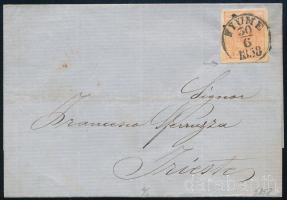1858 3kr MP III levélen \"FIUME / 1858\" - piros / red \"TRIEST\"