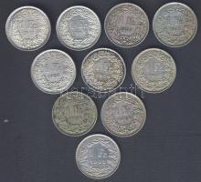 Svájc 1920-1964. 1Fr (10x) Ag klf évszámokkal T:2,2-