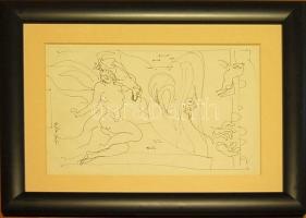 Vinkler László (1912-1980): Akt kutyával és lóval, tus-papír, jelzett, keretben 48x60 cm