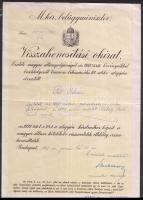 1942 M. Kir. Belügyminiszteri visszahonosítási okirat