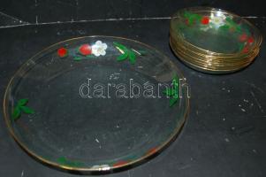 cca 1970 Salgótarjáni üveggyár: 1+6 darabos kompótos készlet használatlan, eredeti csomagolással / Set of painted glass plates