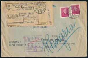 1934 Térti vevényes ajánlott levél Braziliába, a térti vevénnyel együtt visszaküldve
