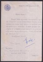1920 Pekár Gyula író, miniszter által aláírt levél Dr. Pekár Mihály egyetemi tanárnak címezve