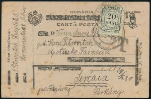 1919 Tábori posta levelezőlap román felülnyomással "SÁRKÁNY" 20 bani román portó bélyeggel