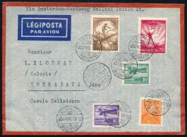 1935.11.19. 10 grammos (2. súlyfokozatú) légiposta levél Holland Indián át Indonéziába (Soerabaya, Jáva), 1P 20f bérmentesítéssel (2 x 65f pótdíj, az alapdíj nincs fizetve).