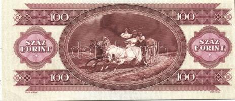 1989 100Ft elő- és hátlap erősen balra és felfelé csúszva, előlapon jobb oldalon vörös színpróba, há...