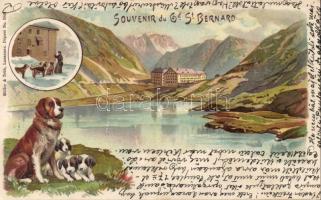 Great St Bernard Pass with St Bernard dog litho