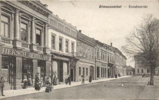 Rimaszombat Erzsébet square with the shops of Bertalan Heksch and Jakab Pick