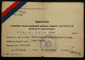 1938. "Rákóczi-Felvidék felszabadulása" emlékérem melléadott igazoló tanúsítvánnyal! T:2 R...