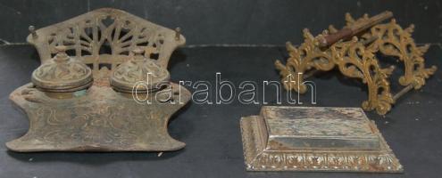Régi réz íróasztali készlet: tolltartó, tintatartó, toll-törlő / Old desk set
