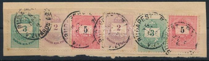 1895 3 színű 6 bélyeges Krajcáros bérmentesítés kivágáson közte képbe fogazott 3kr
