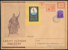 1938 Szent István emlékév nyomtatvány a IV. Nemzetközi Sporthét Propaganda Bélyegkiállítás alkalmi levélzárójával és bélyegzésével + 1f bélyegen alkalmi bélyegzéssel, piros gépi