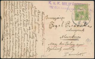 1915 Képeslap Turul 5f bérmentesítéssel, kassai cenzúrával, "KASSA" - Munkács