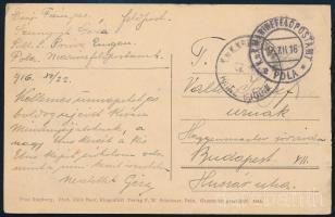 1916 Tábori posta képeslap Budapestre küldve K.u.K. KRIEGSMARINE / S.M.S. PRINZ EUGEN + MF / POLA
