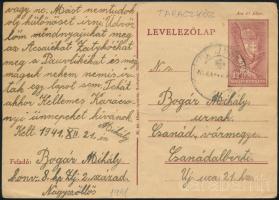 1941 Levelezőlap "TARACZKÖZ" mozgóposta bélyegzéssel Nagyszőllősről