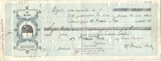 Eger 1932. Egy aranypengőről szóló MNB váltó hátoldalán 9db okmánybélyeggel (10f,1P,2P,3P,4P) T:II