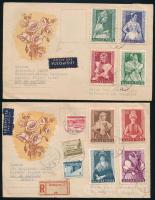 1953 Népviseletek (I.) sor 2 db 1954-es légi levélen, az egyik ajánlott, Brazíliába küldve