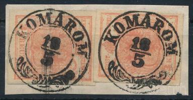 1850 2 x 3kr HP I kiemelt középrész "KOMÁROM" egyik bélyegen hajtás / 1 stamp folded