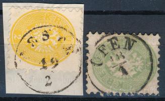1864 2kr kivágás PESTH + 3kr OFEN papírelvékonyodás / thin paper