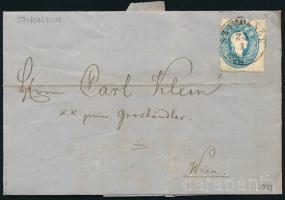 1863 15kr késői nyomat extrém elfogazással levélen "SZOMOLNOK" - "KASCHAU" - "WIEN"