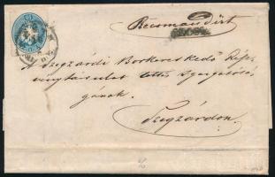 1864 10kr plus a hátoldalon levélbontásnál szétvágott 10kr ajánlott levélen Pesth Abends SZEKSZARD