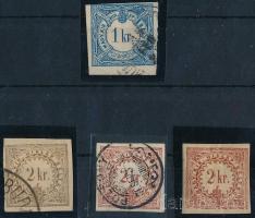 Hírlapilletékbélyeg 1868-1888, 4 db, a 2kr klf színeiben, egyik használatlan