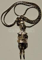 cca 1900 Rendkívűl szépen kidolgozott ezüst Ag Pinokkió-bábú nyakláncon mozgatható végtagokkal, nyakkal, szemek és a szájnál kövekkel / Beautifully chiseled silver Pinochio-puppet on necklace with moveable arms and legs 9,4g, 5 cm