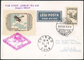 1933 Légi levelezőlap Repülő 72f bélyeggel + levélzáróval, Oranba (érkezési bélyegzéssel)