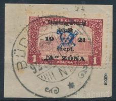 Nyugat-Magyarország II. 1921 Parlament 1K kivágáson, \"BÜDÖSKÚT\" bélyegzéssel Bodor vizsgálójellel